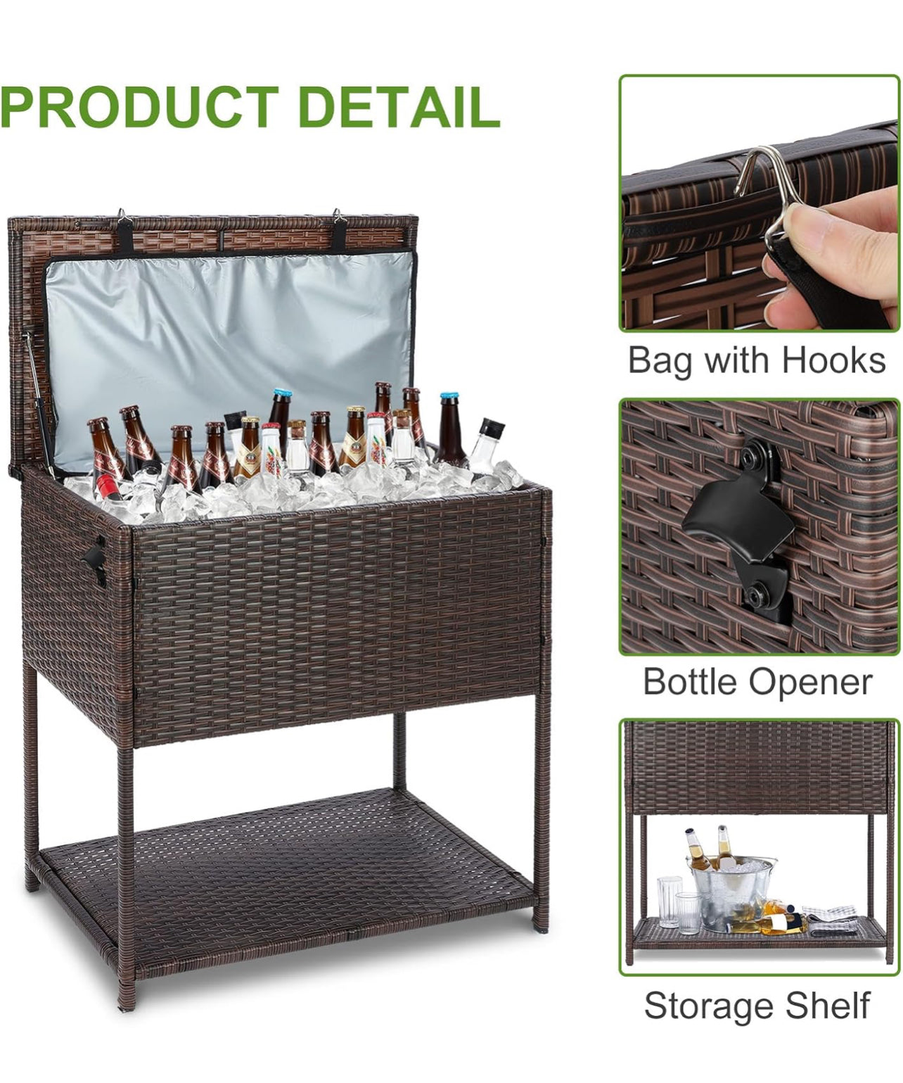 Enfriador grande de 80 cuartos de galón para bebidas al aire libre con abridor de botellas. Mimbre marrón.
