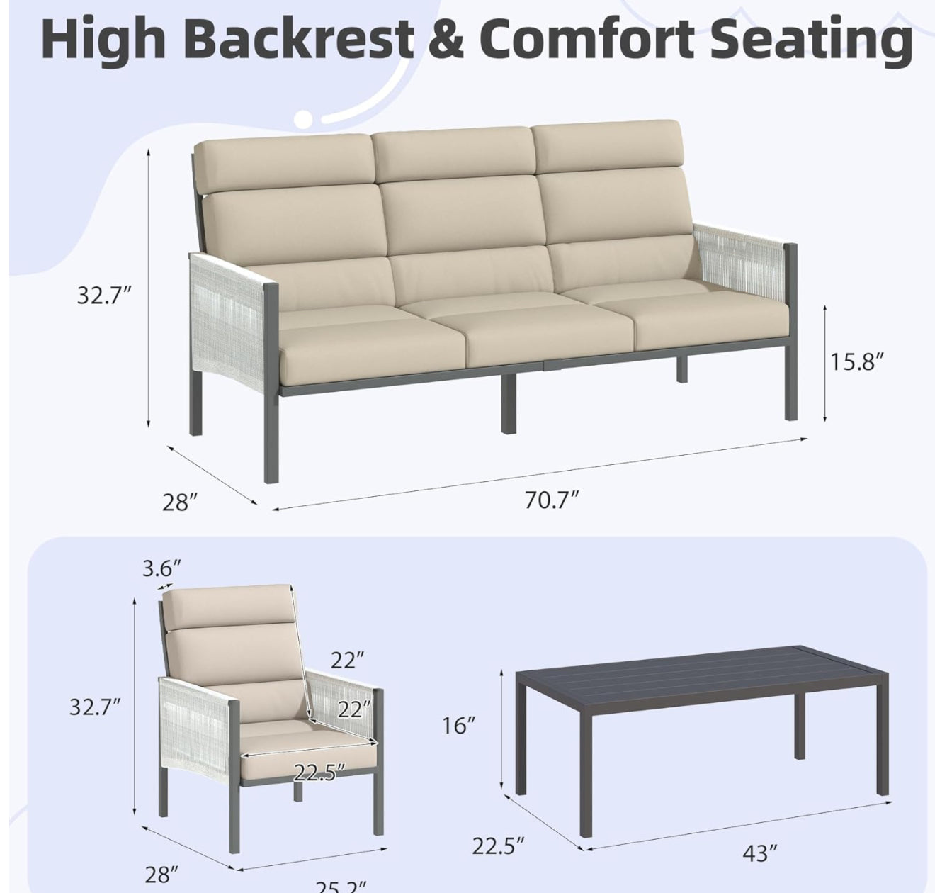 Juego de muebles de aluminio para patio, sofá seccional de respaldo alto, 4 piezas modernas para porche, balcón, jardín, beige