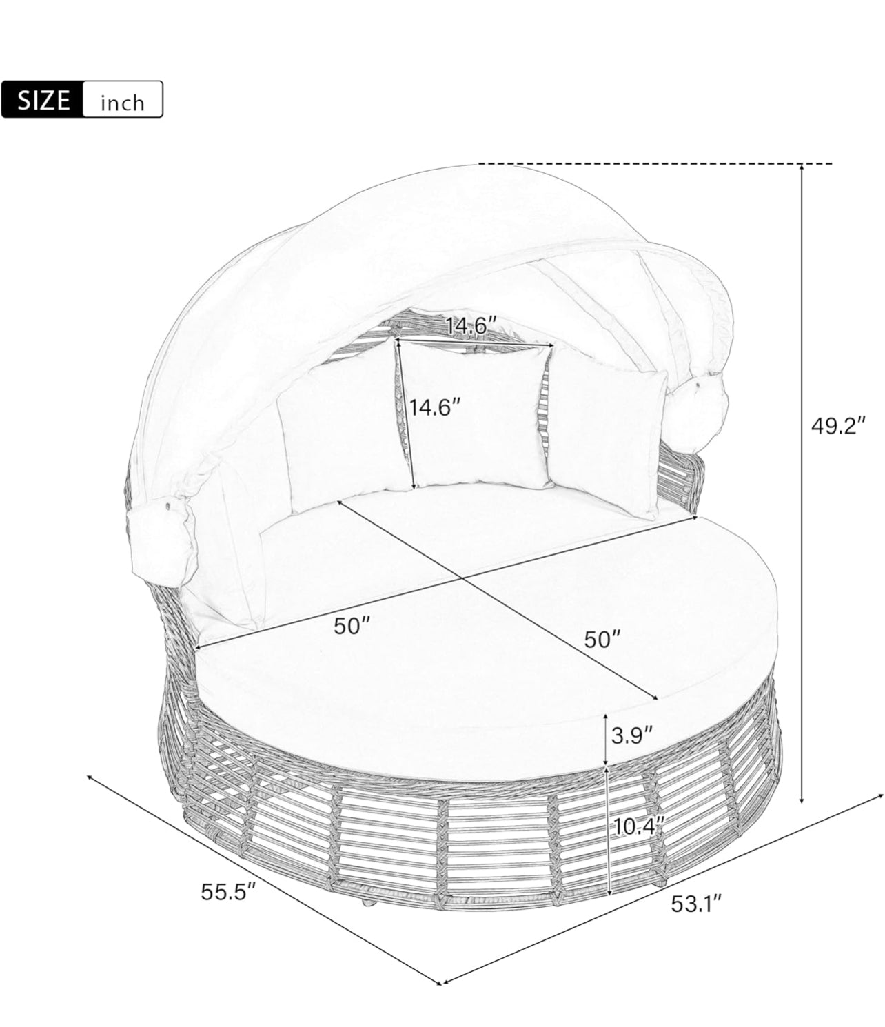 Pre-venta Sofá cama redonda de ratán para patio al aire libre con toldo retráctil, asiento seccional de mimbre con cojines extraíbles para patio, porche (beige)