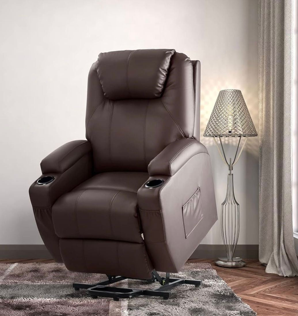 Silla reclinable eléctrica con masaje de piel sintética, moderna, reclinable, con portavasos, control remoto, muebles ajustables (gris)(negra)(marrón)