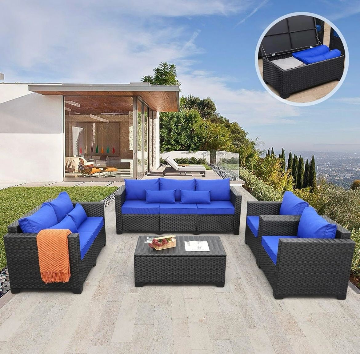 Pre-venta Juego de muebles de patio para exteriores de 5 piezas cojines azul pavo real, mesa de almacenamiento de ratán)mimbre negro