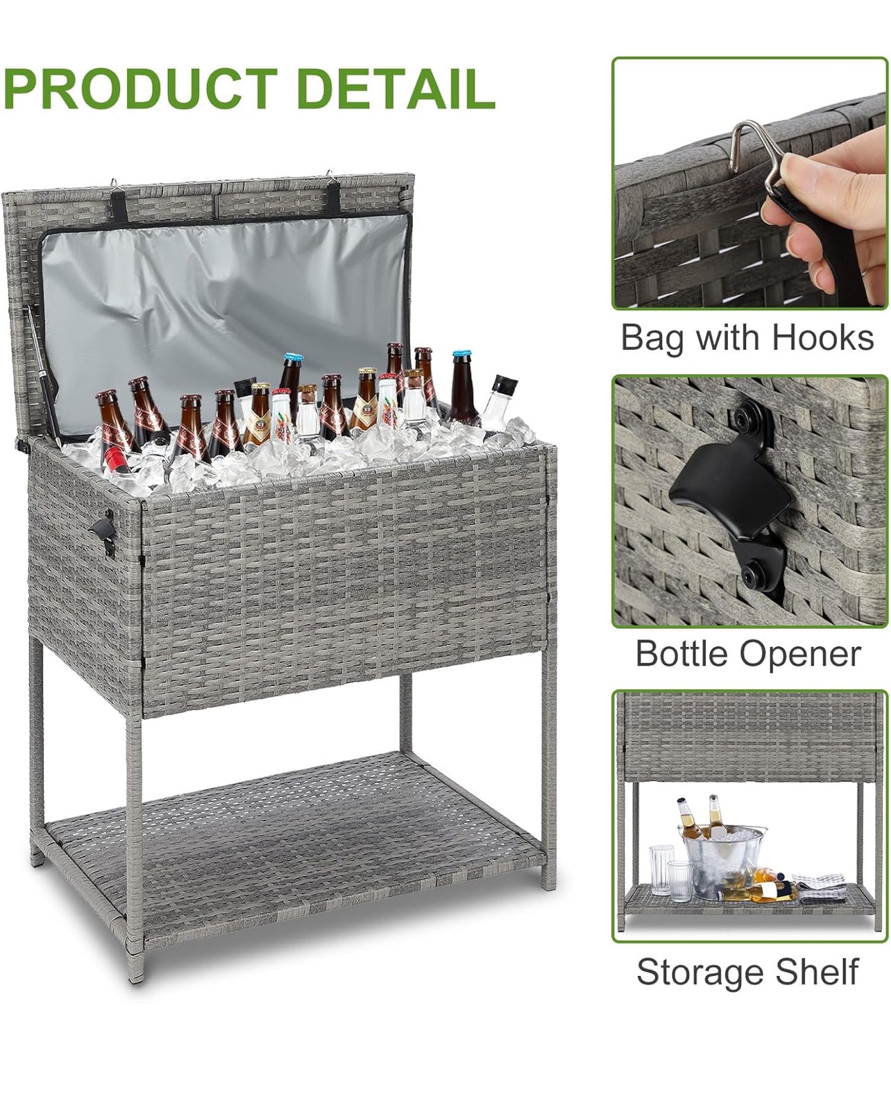 Enfriador grande de 80 cuartos de galón para bebidas al aire libre con abridor de botellas. Mimbre gris