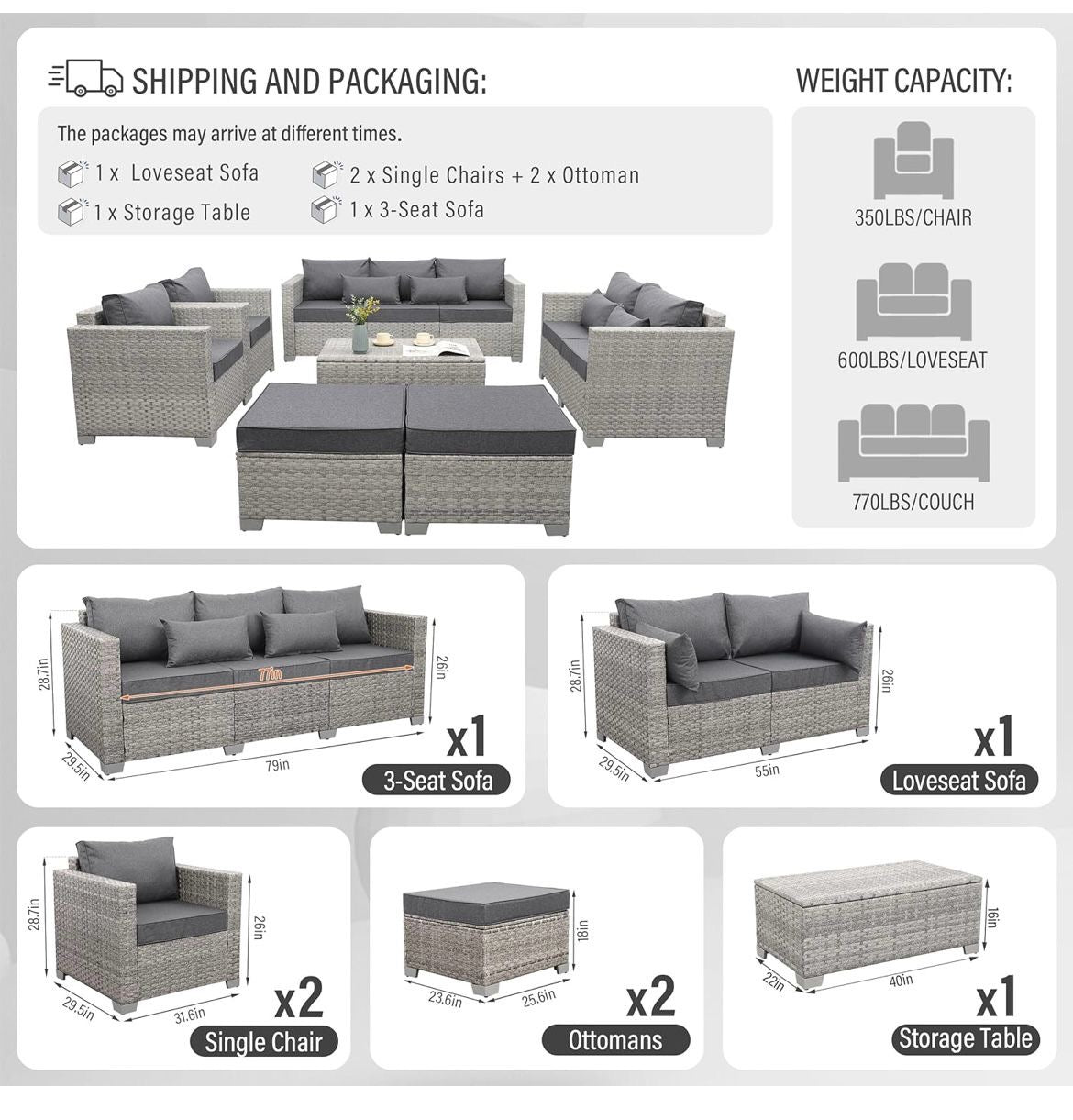 Pre-venta Juego de muebles de patio de ratán gris, 7 piezas. Mimbre gris con cojines gris. Mesa storage