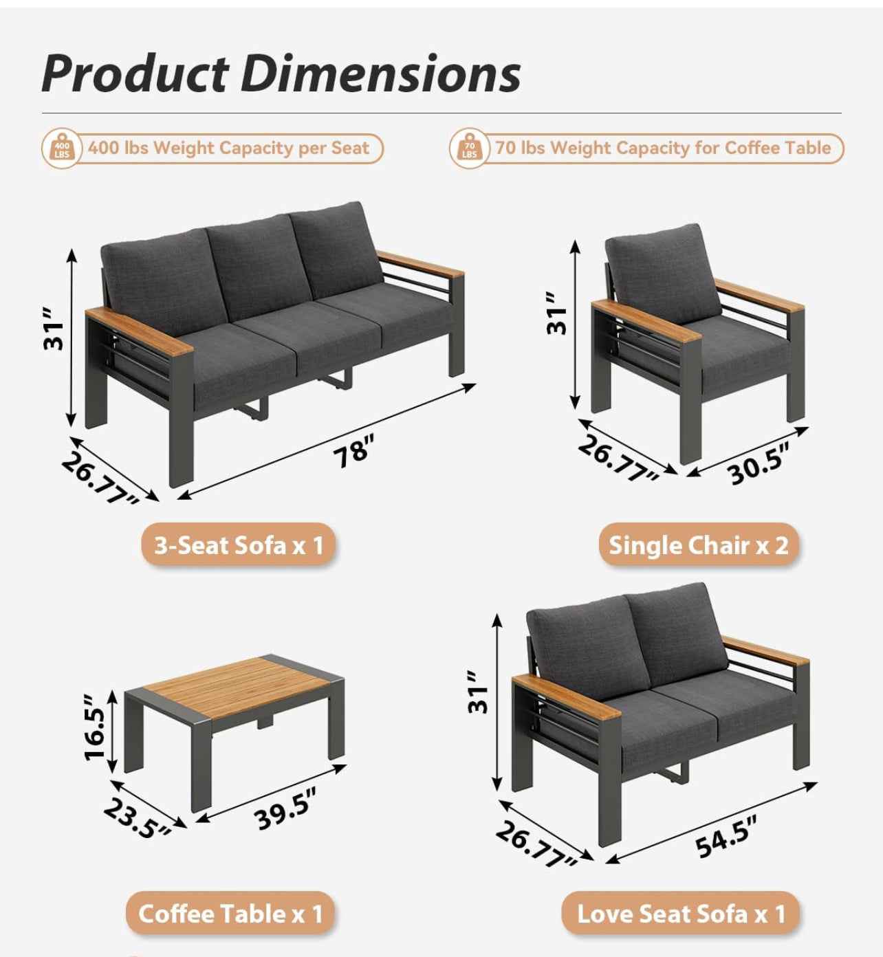 Pre-venta Juego de muebles de aluminio gris 5 piezas con madera sintética. Cojines color gris.