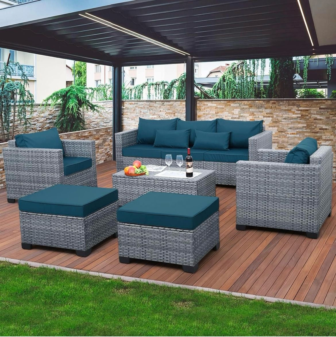 Pre-Venta Juego de muebles de mimbre para patio de 6 piezas mimbre gris cojines azul eléctrico.