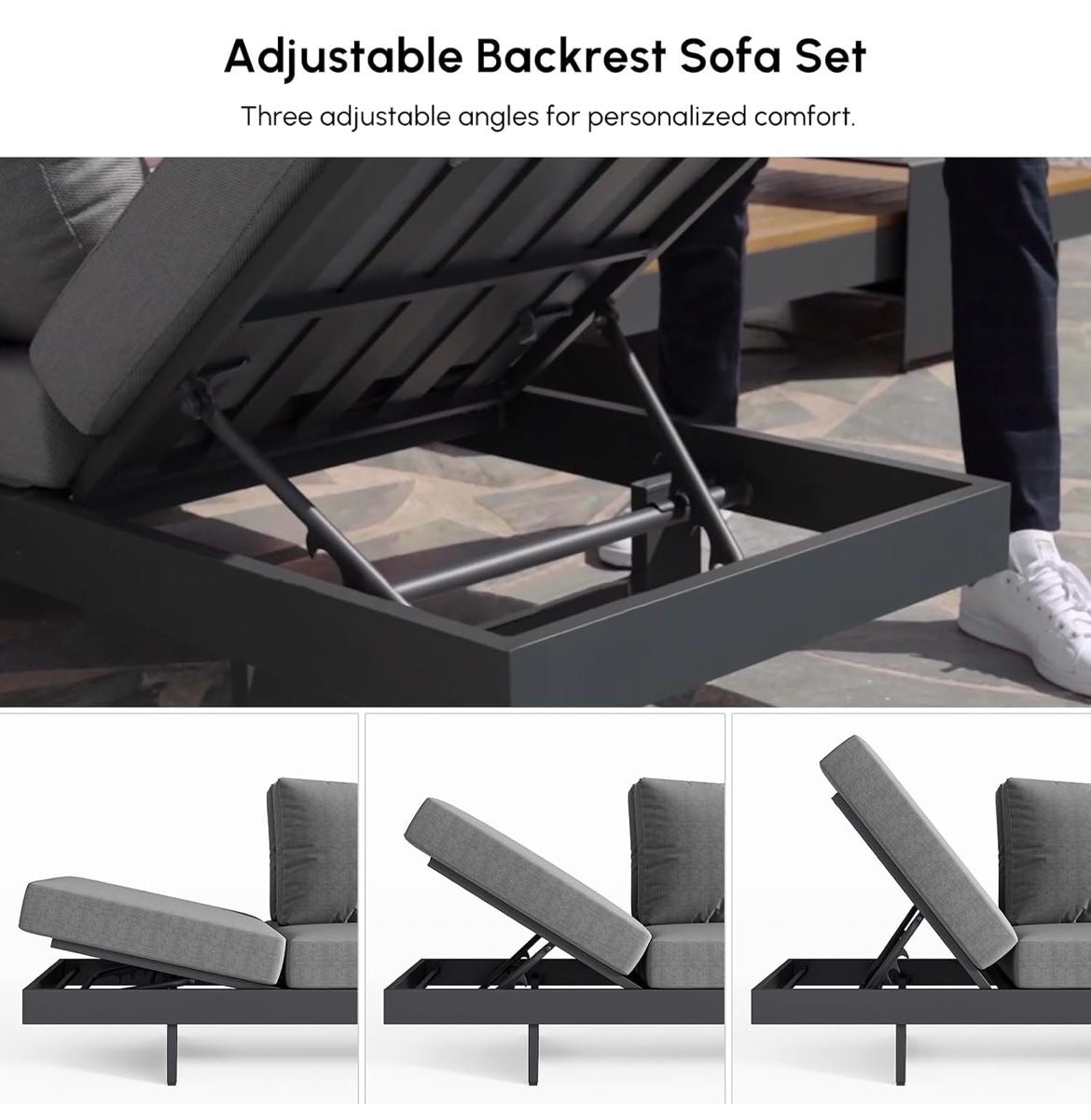 Pre-venta Juego de sofá L de aluminio y teca para exteriores con respaldos ajustables, impermeables, cojines resistentes a la intemperie. Color gris y gris