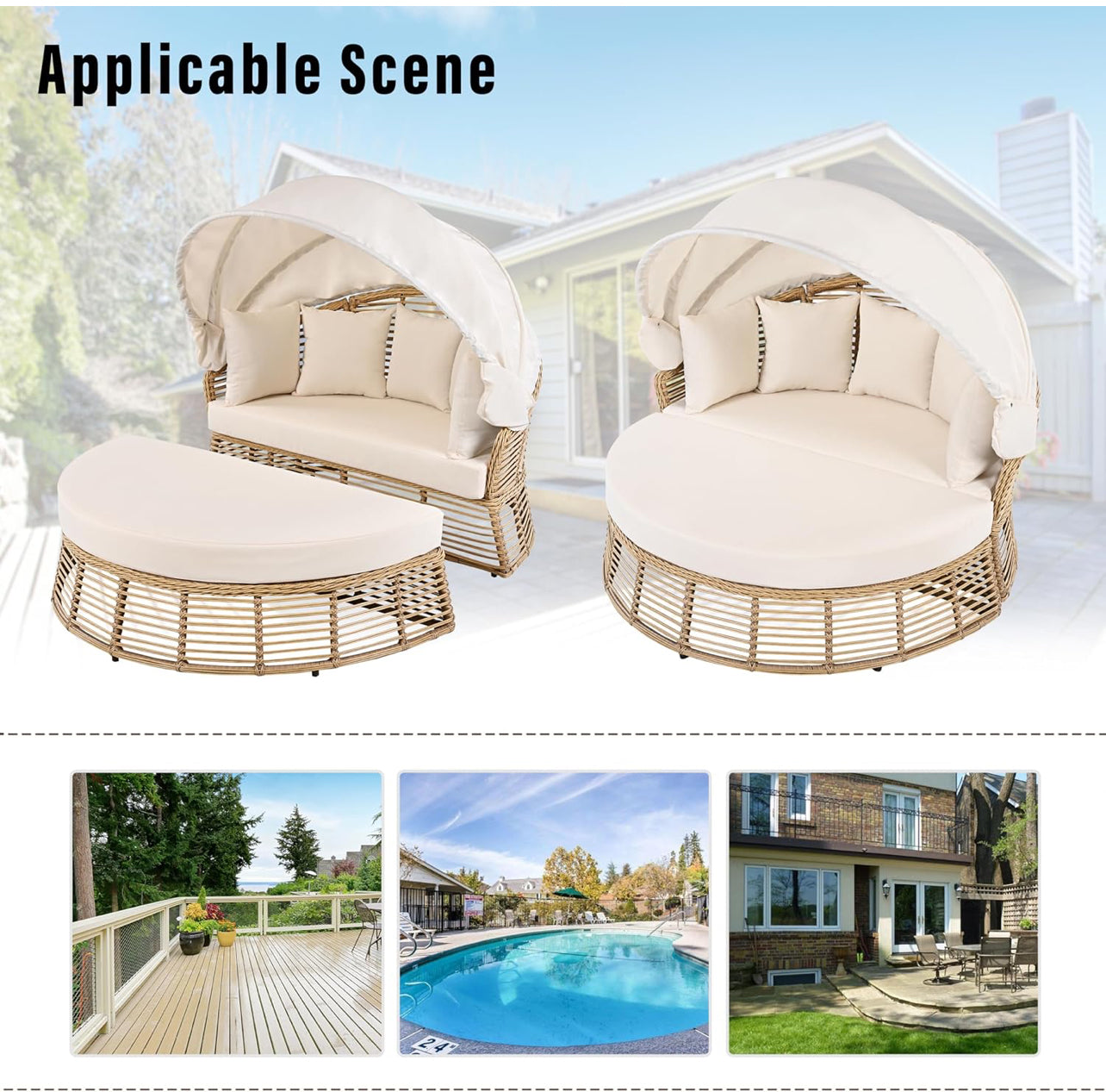 Pre-venta Sofá cama redonda de ratán para patio al aire libre con toldo retráctil, asiento seccional de mimbre con cojines extraíbles para patio, porche (beige)