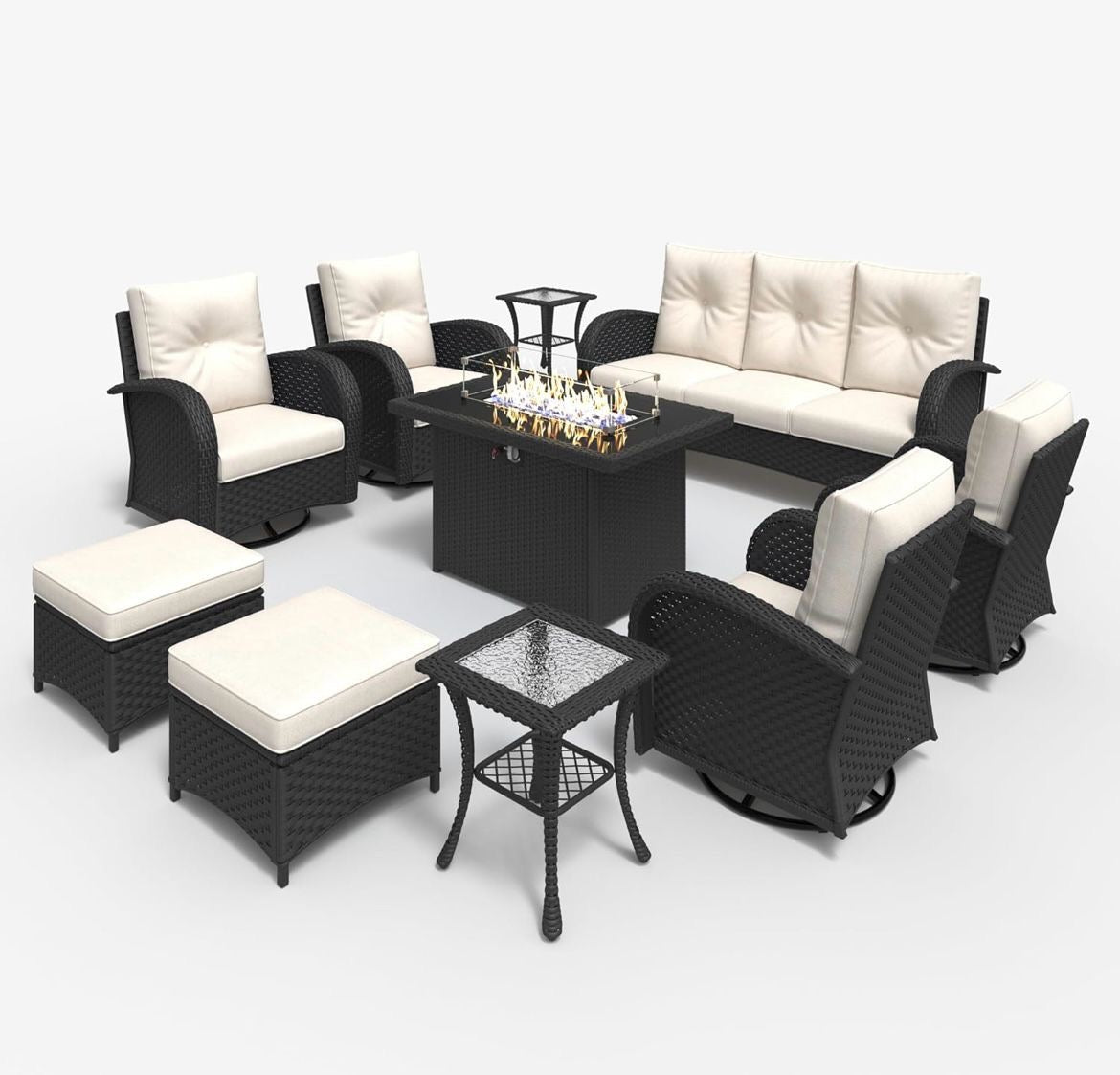 Pre-venta Super Juego muebles de 10 piezas patio al aire libre con mesa para fogata, mimbre de ratán seccional, sillas oscilantes giratorias