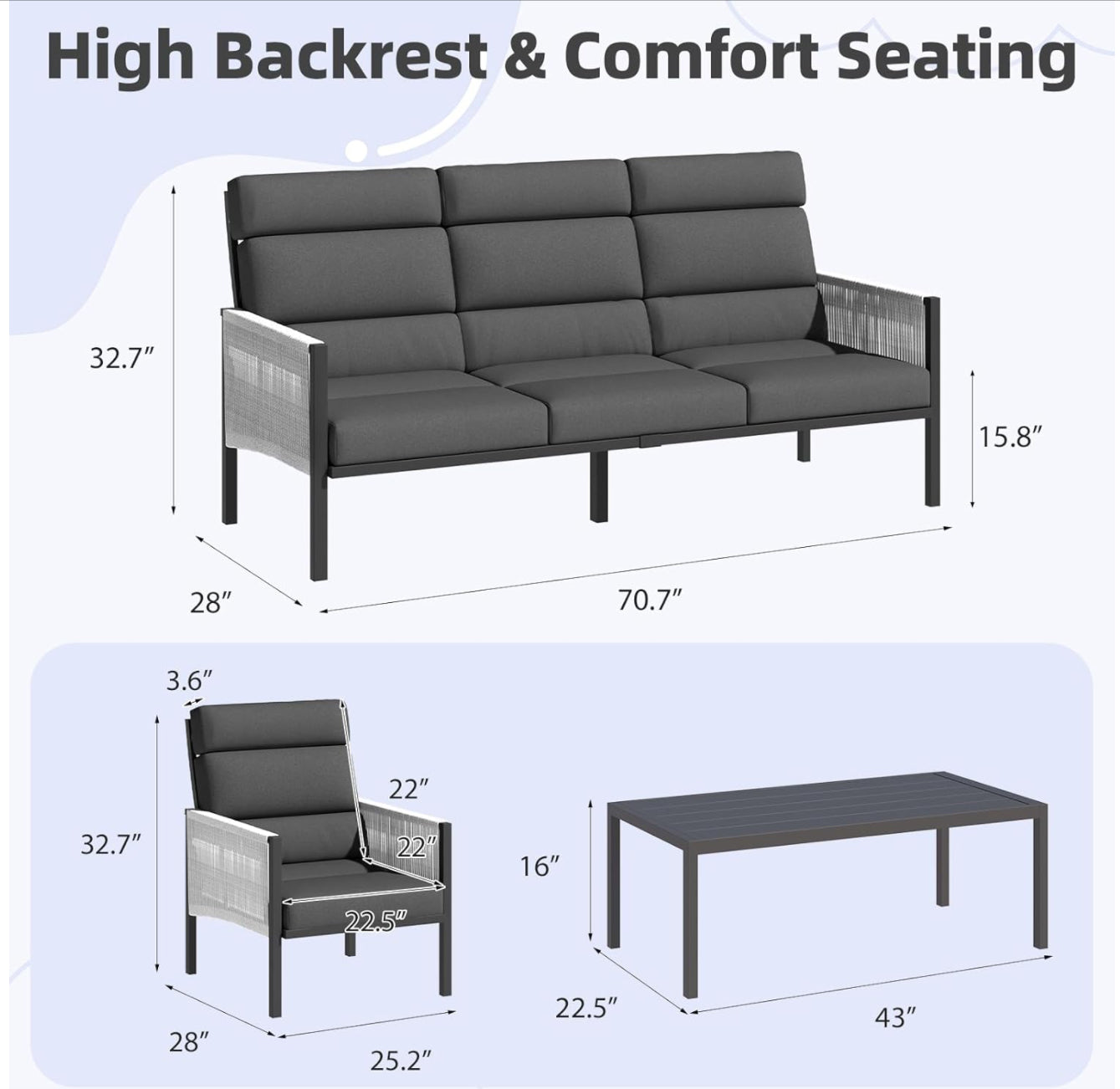 Juego de muebles de aluminio para patio, sofá seccional de respaldo alto, 4 piezas modernas para porche, balcón, jardín, gris oscuro.