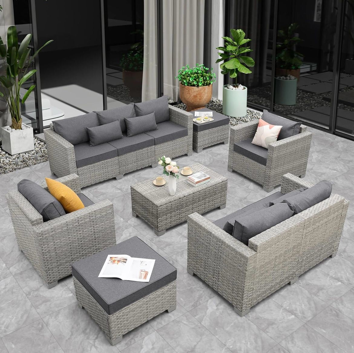 Pre-venta Juego de muebles de patio de ratán gris, 7 piezas. Mimbre gris con cojines gris. Mesa storage