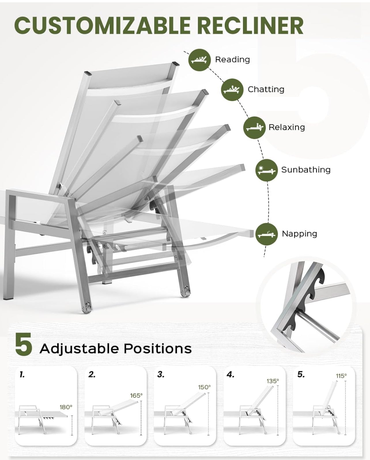 Pre- orden Tumbona para con ruedas y reposabrazos, sillas de aluminio reclinables ajustables de 5 posiciones. Color blanca