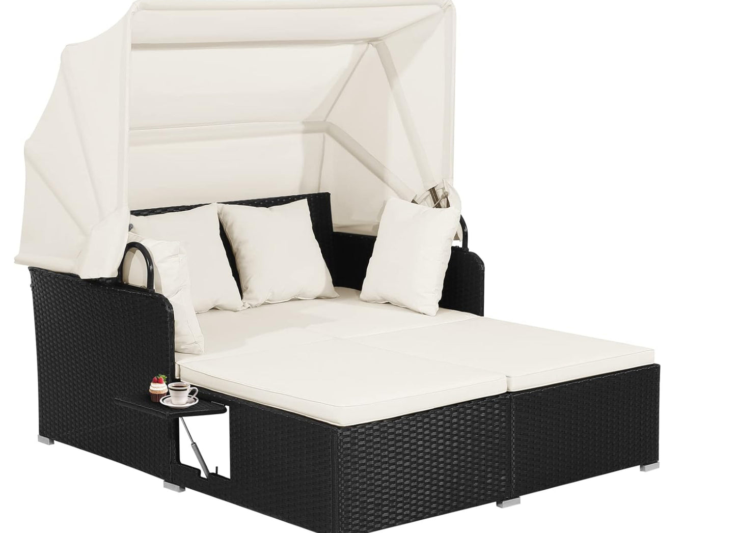 Cama al aire Libre con toldo mimbre negro cojines blanco