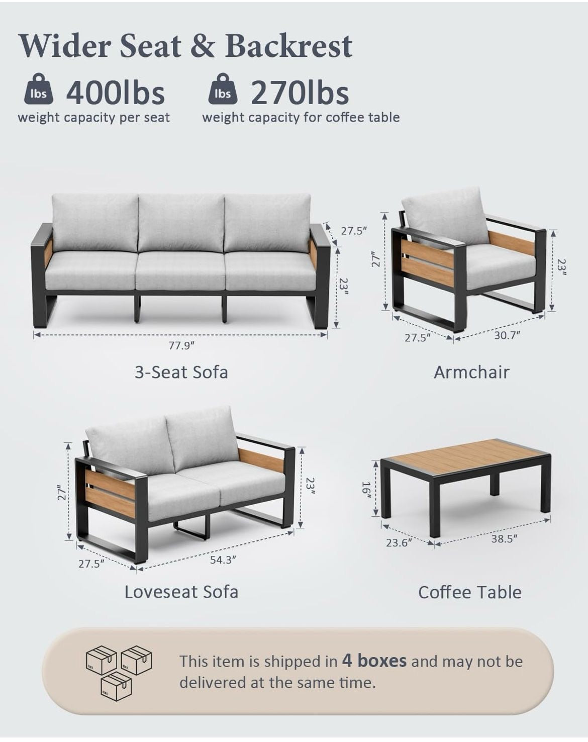 Juego de muebles gris y crema de aluminio para patio al aire libre, 5 piezas de metal moderno seccional para conversación exterior con mesa auxiliar y cojines gruesos lavables, sofá de asiento para jardín. Cojines gris