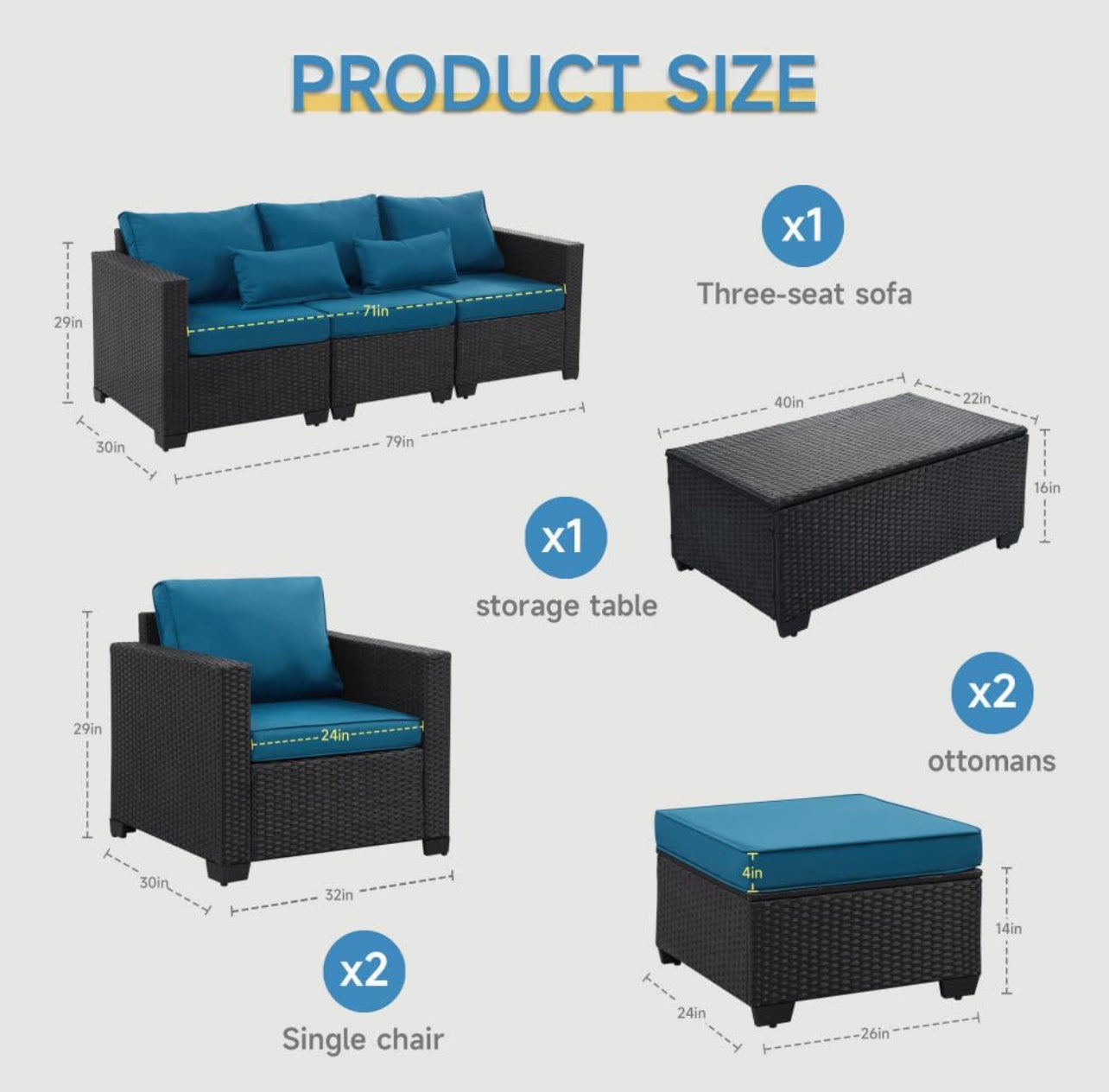 Juego de mueble 6 piezas mimbre negro cojines azul real.