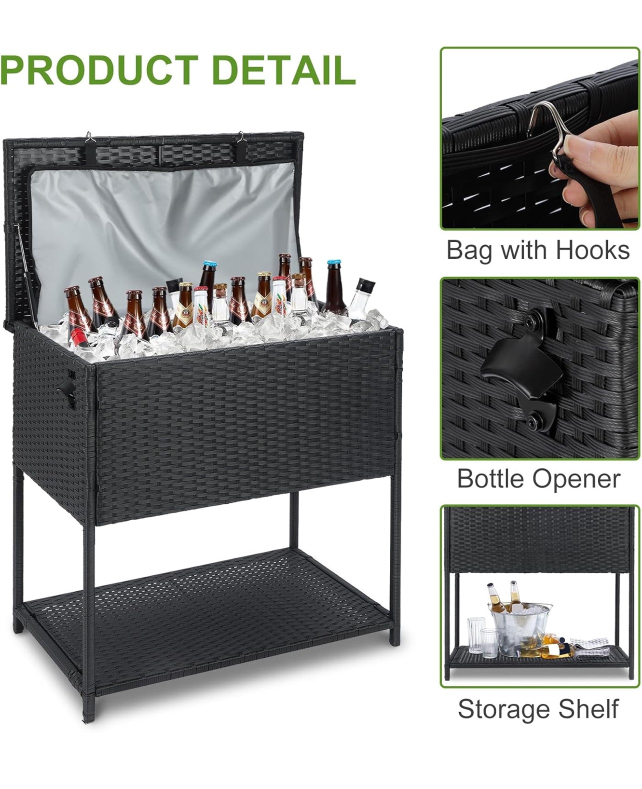 Enfriador grande de 80 cuartos de galón para bebidas al aire libre con abridor de botellas. Mimbre negro.