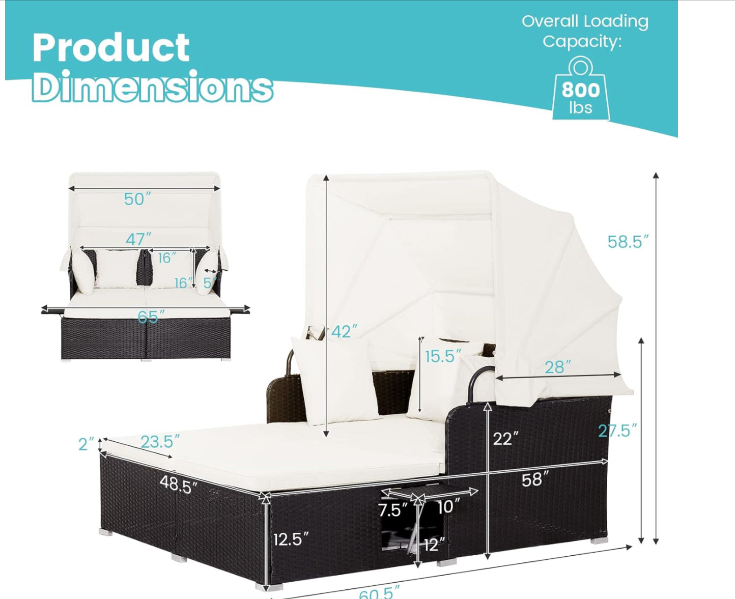 Cama al aire Libre con toldo mimbre negro cojines blanco