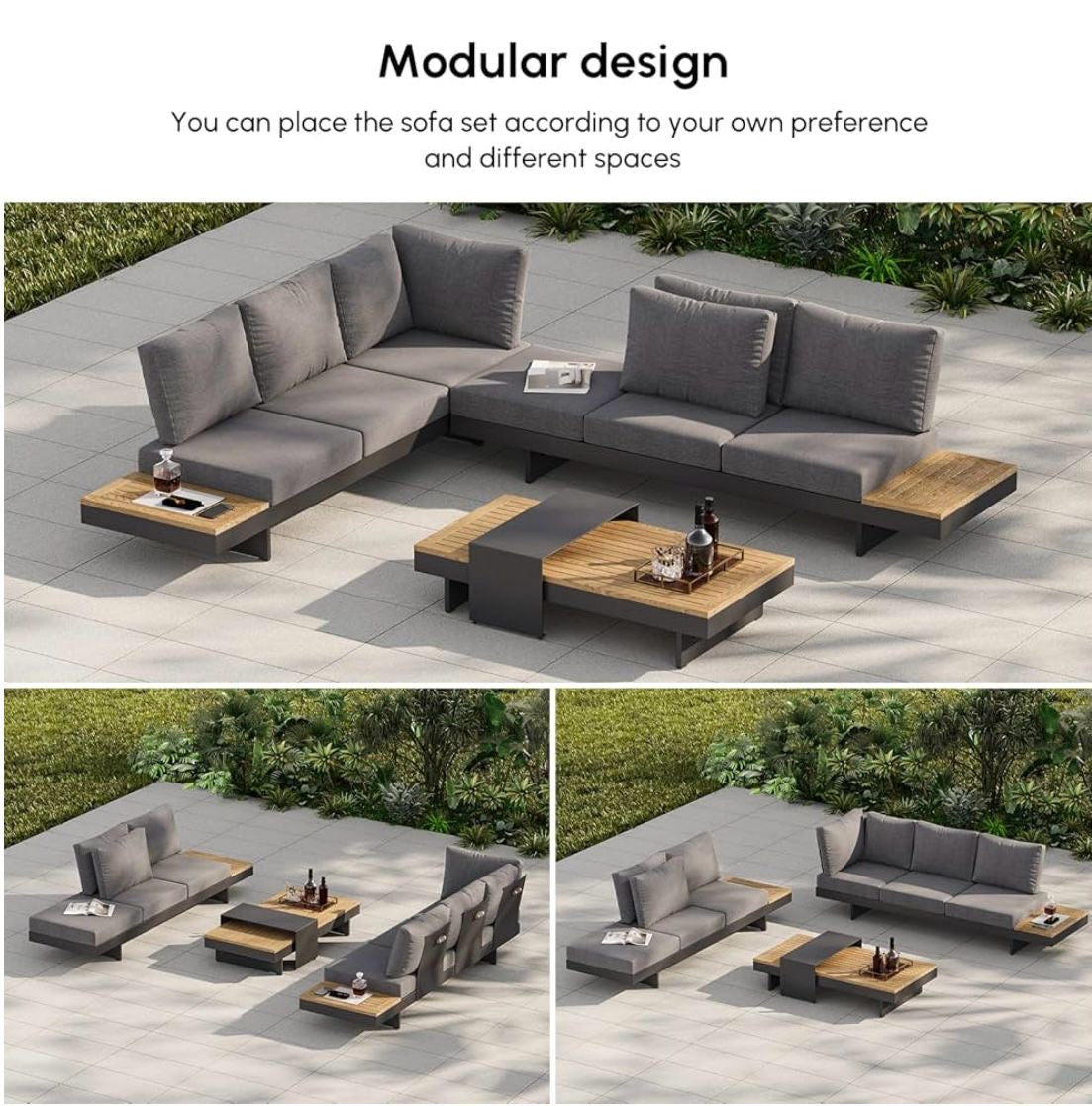 Pre-venta Juego de sofá L de aluminio y teca para exteriores con respaldos ajustables, impermeables, cojines resistentes a la intemperie. Color gris y gris