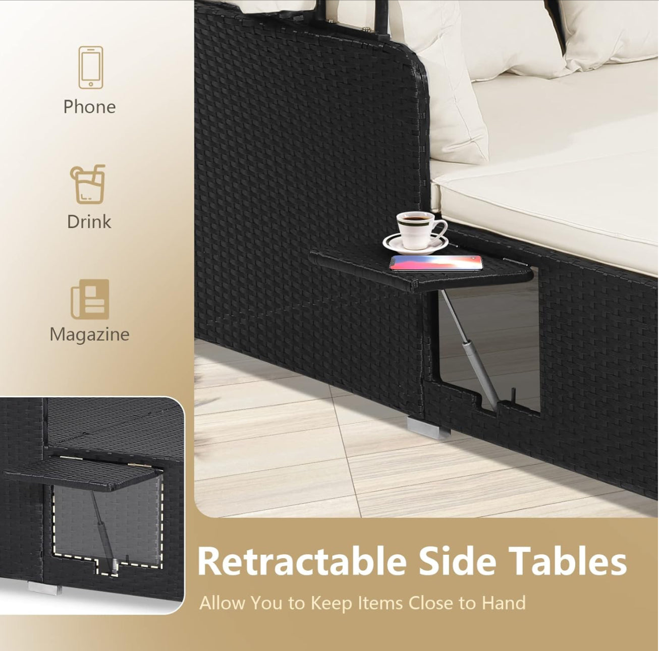 Cama al aire Libre con toldo mimbre negro cojines blanco