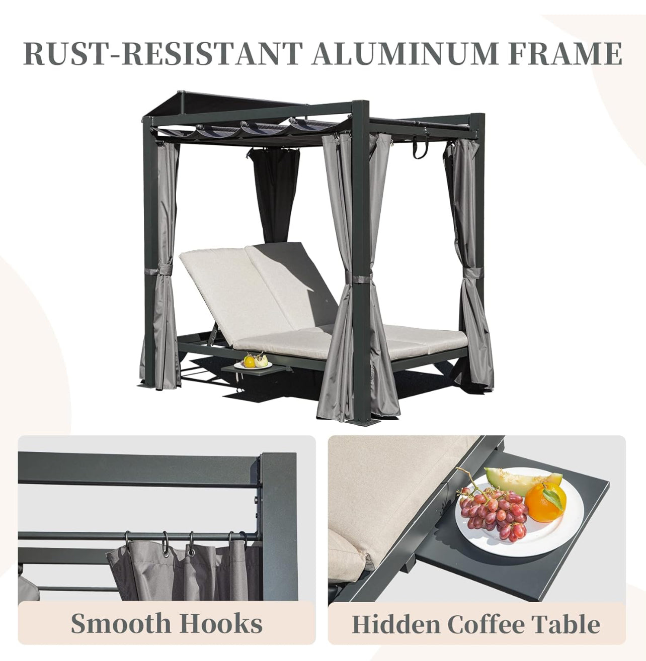 Domi Sofá cama de aluminio para patio al aire libre con cama retráctil con dosel retráctil, cortina gris con cojín beige y soporte para tazas.