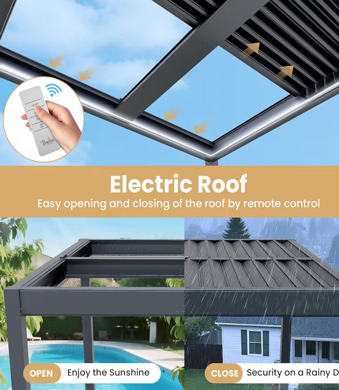 Pre-orden Pérgola de aluminio para exteriores de 10 x 10 pies, pérgola eléctrica ajustable con luces LED y sistema de canalón.