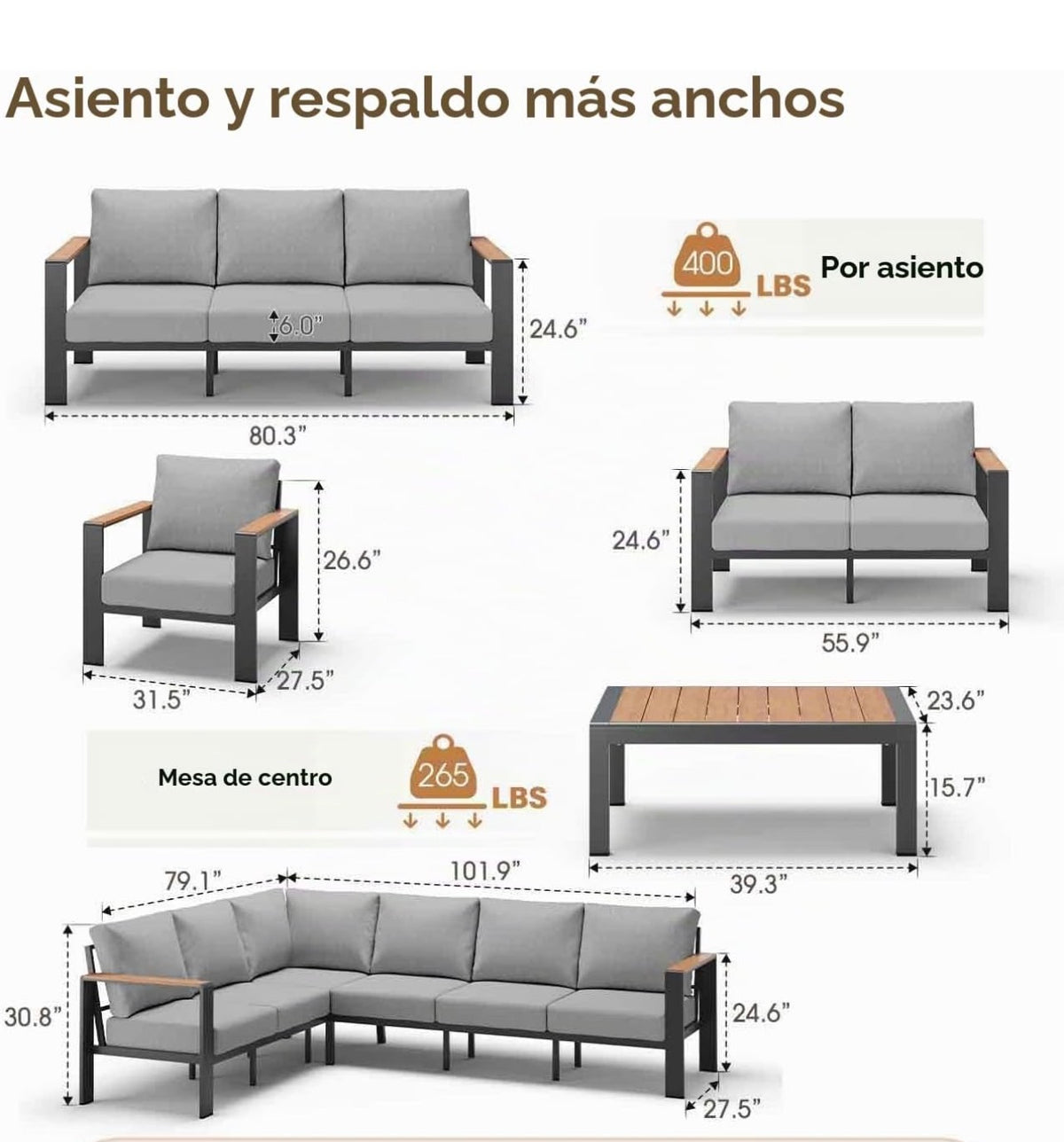Juego de muebles de aluminio forma en L color gris