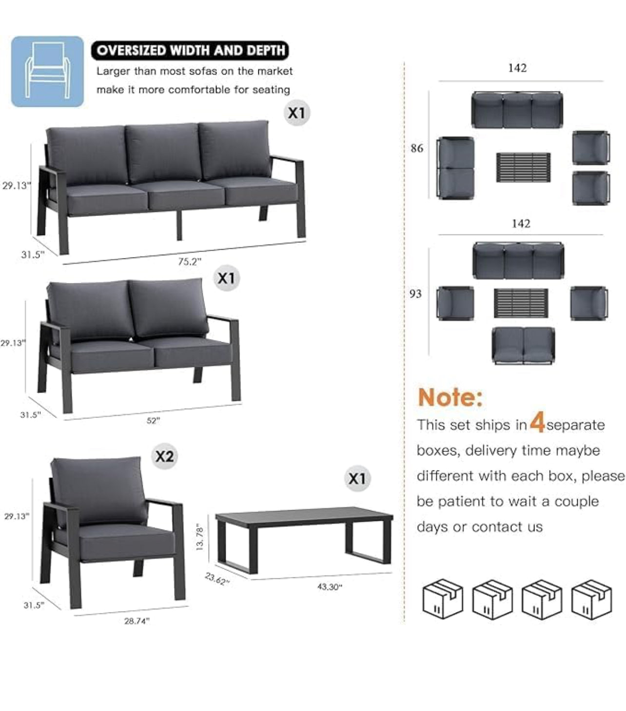 Aluminio 5 piezas color negro cojines gris