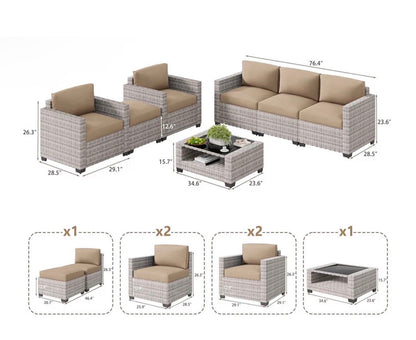 Juego de mueble 7 piezas (mimbre gris blanco-camello y mesa de centro cojines beige)