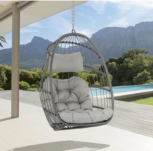 Silla plegable de mimbre para colgar en interiores y exteriores, silla de mimbre color gris.