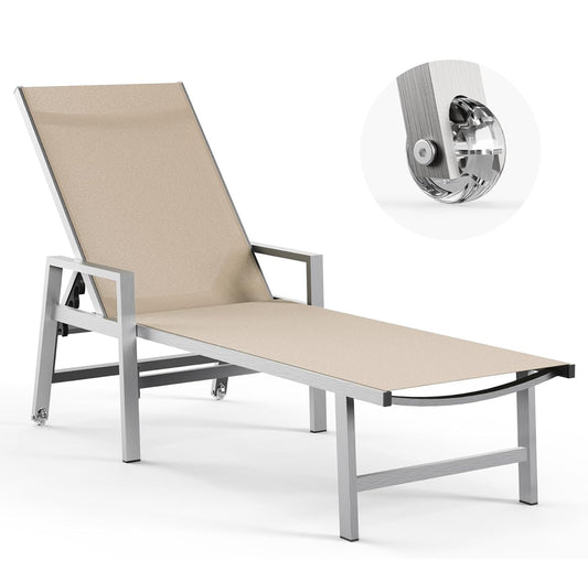 Pre- orden Tumbona para con ruedas y reposabrazos, sillas de aluminio reclinables ajustables de 5 posiciones. Color beige