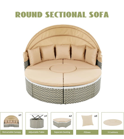 Juego de sofá modular redondo para todo tipo de clima para exteriores con toldo retráctil, sofá cama de ratán de dos tonos con asiento separado y cojín extraíble, café claro.