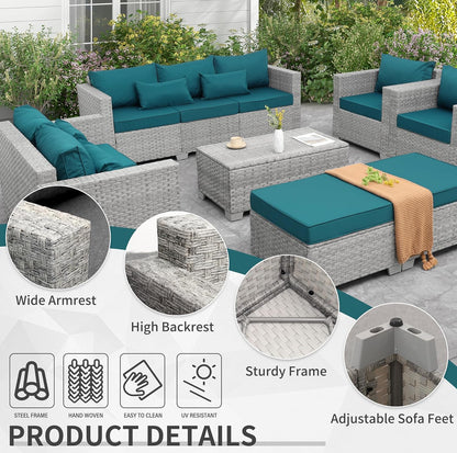 Juego de muebles de patio de ratán gris, 7 piezas. Mimbre gris con cojines azul electric. Mesa storage