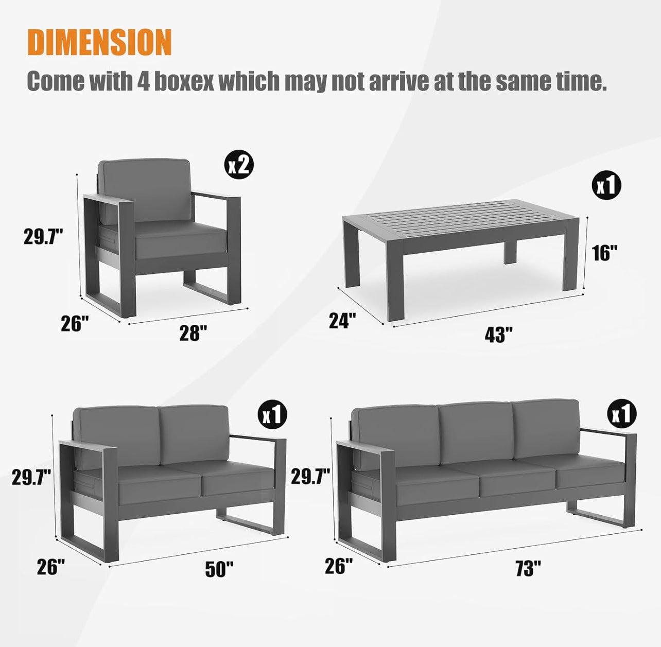 Pre -orden Juego de muebles de aluminio moderno de 5 piezas color gris cojines gris oscuro.