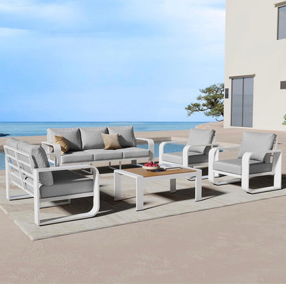 Pre-orden set de mueble 5 piezas aluminio blanco con cojines gris claro.