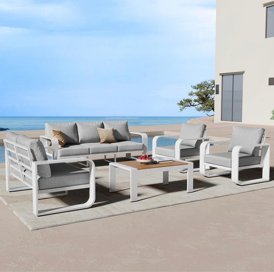 Pre-orden set de mueble 5 piezas aluminio blanco con cojines gris claro.