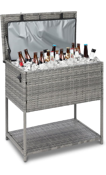 Enfriador grande de 80 cuartos de galón para bebidas al aire libre con abridor de botellas. Mimbre gris