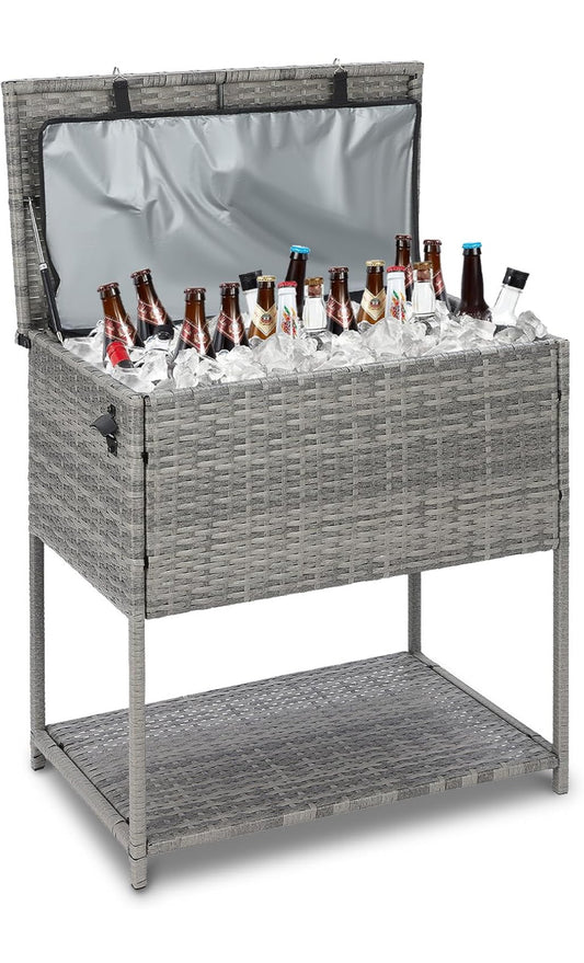 Enfriador grande de 80 cuartos de galón para bebidas al aire libre con abridor de botellas. Mimbre gris