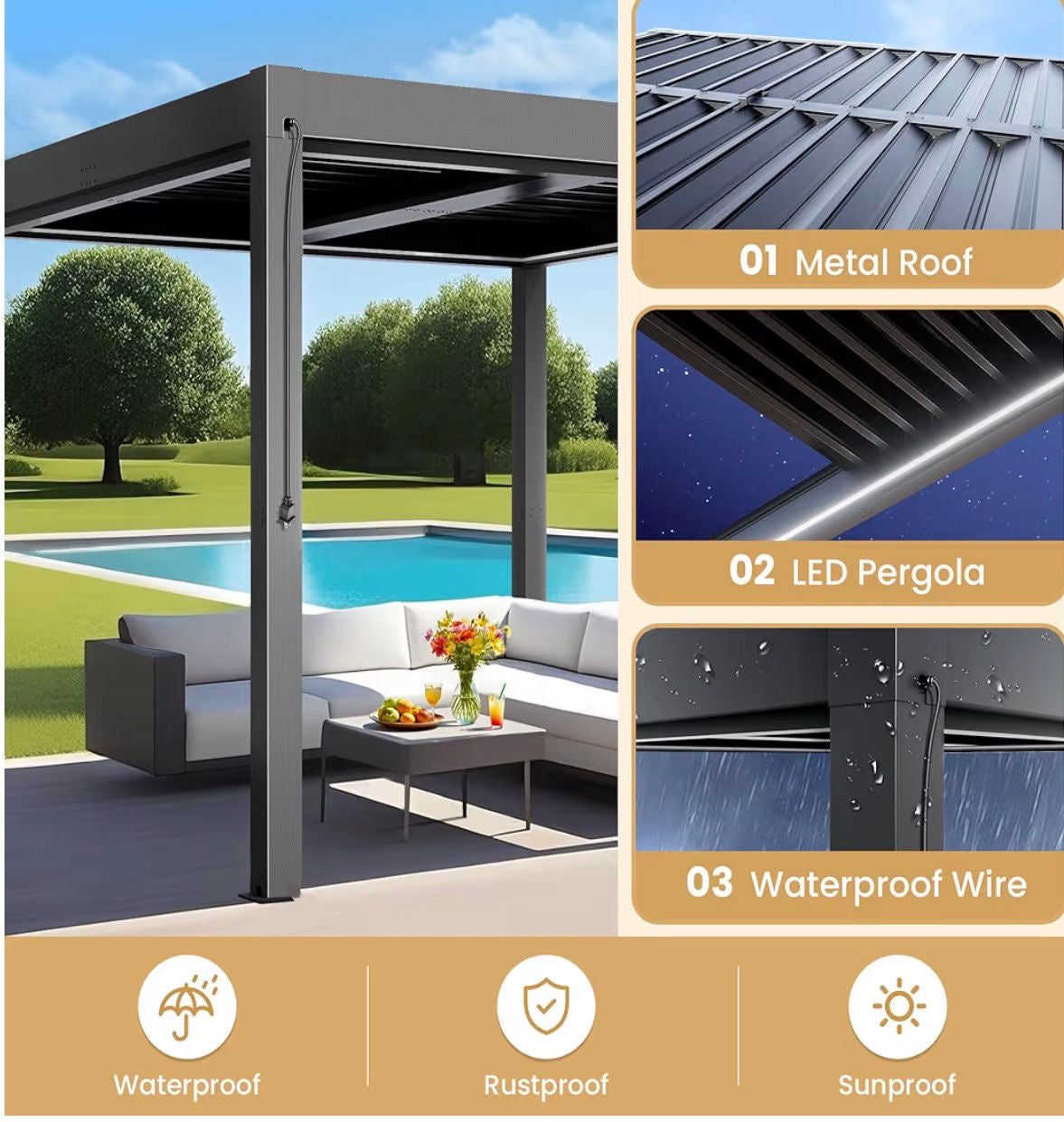 Pre-orden Pérgola de aluminio para exteriores de 10 x 10 pies, pérgola eléctrica ajustable con luces LED y sistema de canalón.