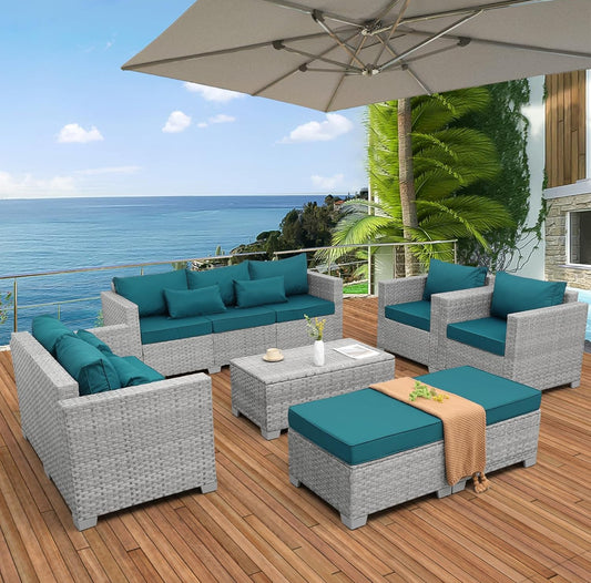 Juego de muebles de patio de ratán gris, 7 piezas. Mimbre gris con cojines azul electric. Mesa storage
