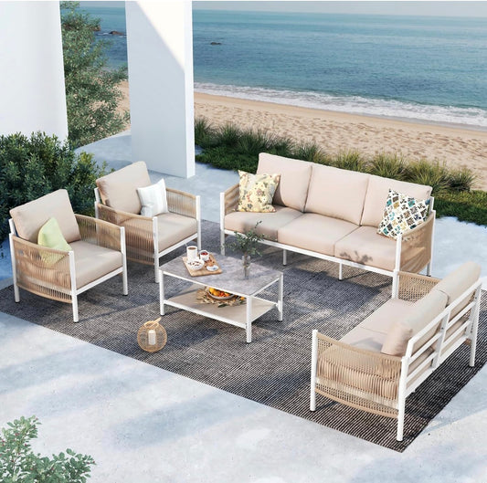 Pre- orden Juego de muebles de aluminio para patio modernos de 5 piezas cojines crema