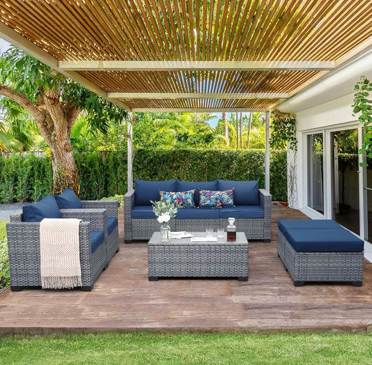 Pre-Venta Juego de muebles de mimbre para patio de 6 piezas, azul real mimbre gris