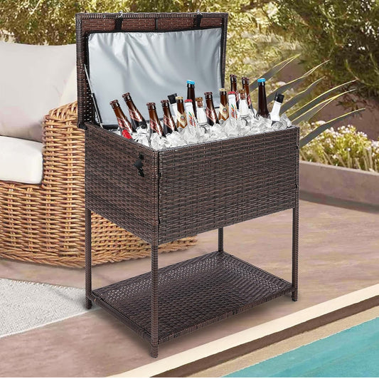 Enfriador grande de 80 cuartos de galón para bebidas al aire libre con abridor de botellas. Mimbre marrón.