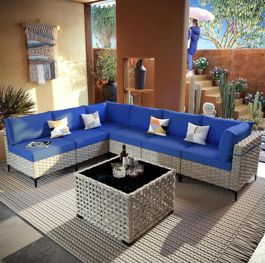 Pre-venta ovios Muebles de patio al aire libre de 7 piezas con mesa de centro brillante, juego de cubierta de mimbre de ratán con sofá, sillas individuales seccionales para porche exterior, balcón, patio