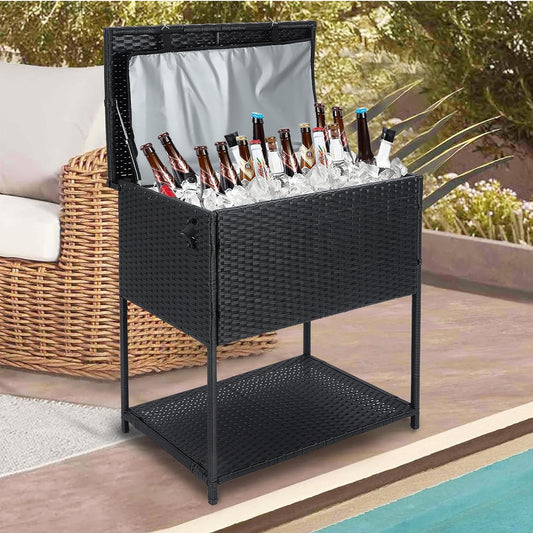 Enfriador grande de 80 cuartos de galón para bebidas al aire libre con abridor de botellas. Mimbre negro.