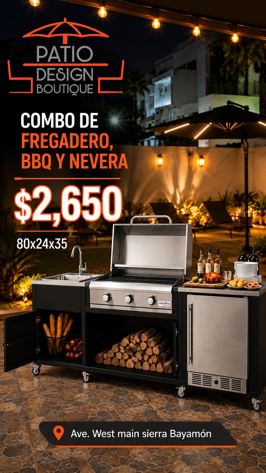 Estación de cocina ( combo fregadero, bbq y nevera) metal garbanizado