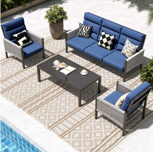 Juego de muebles de aluminio para patio, sofá seccional de respaldo alto, 4 piezas modernas para porche, balcón, jardín, azul Royal