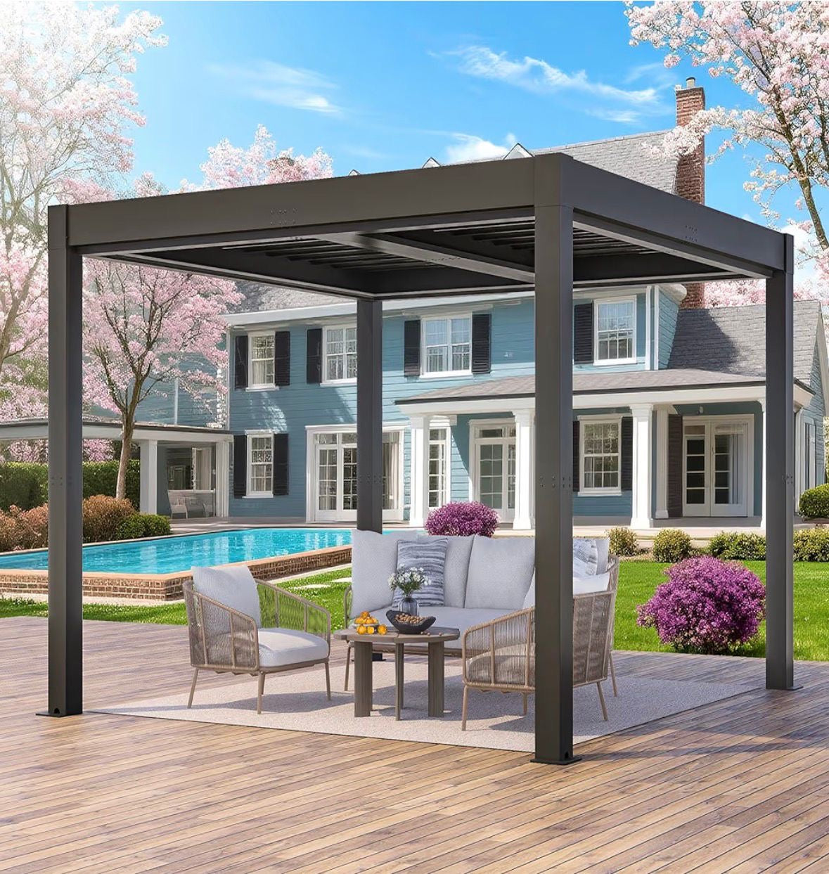 Pre-orden Pérgola de aluminio para exteriores de 10 x 10 pies, pérgola eléctrica ajustable con luces LED y sistema de canalón.