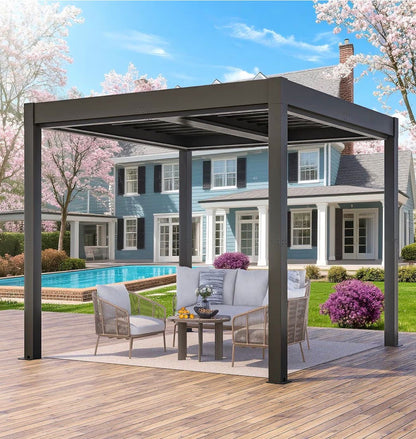 Pre-orden Pérgola de aluminio para exteriores de 10 x 10 pies, pérgola eléctrica ajustable con luces LED y sistema de canalón.