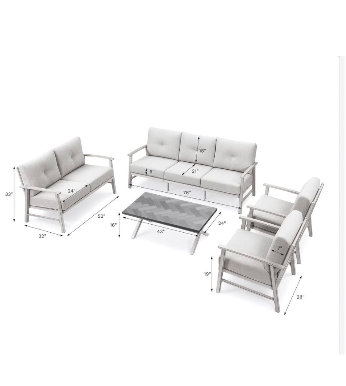 Juego de muebles de aluminio para patio al aire libre de 5 piezas con cojines gris.