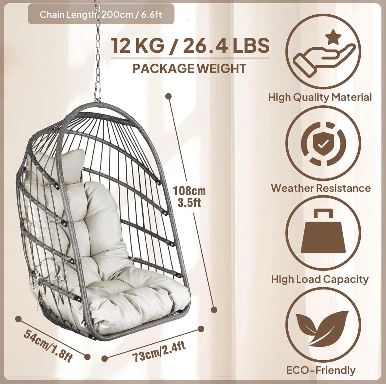 Silla plegable de mimbre para colgar en interiores y exteriores, silla de mimbre color gris.