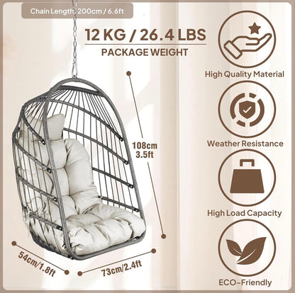 Silla plegable de mimbre para colgar en interiores y exteriores, silla de mimbre color gris.